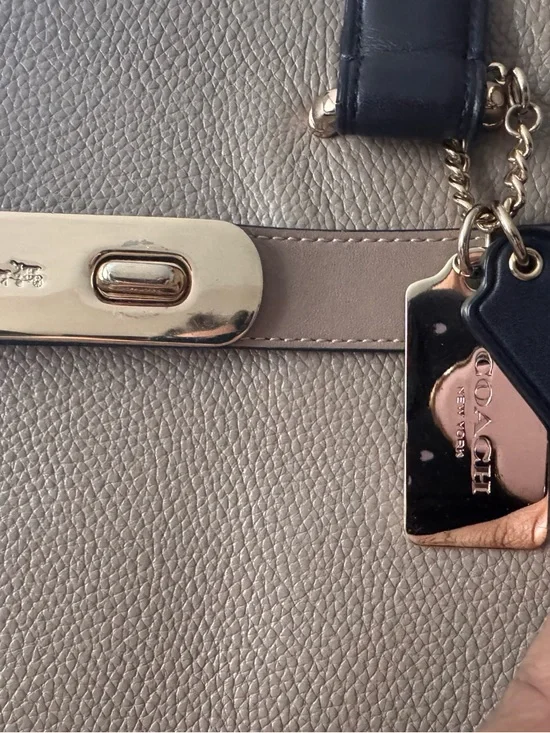 Coach Colorblock Taupe, Navy, and Lime Leather Satchel with Gold Hardware - Picture 2 of 7